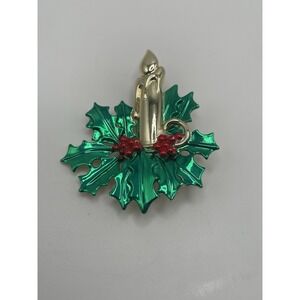 Festive Christmas Candle Brooch, Vintage Enamel and Metal Pin